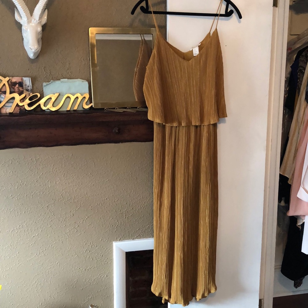 Metallic mustard yellow spaghetti strap dress
